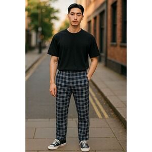Bespoke Mens Navy Blue White Plaid Trousers Slim Fit Checkered Pants 34x28